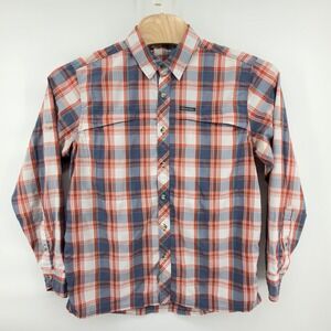 Simms Fishing Shirt Mens Large Orange Blue White Plaid Guide Series Long Sleeve